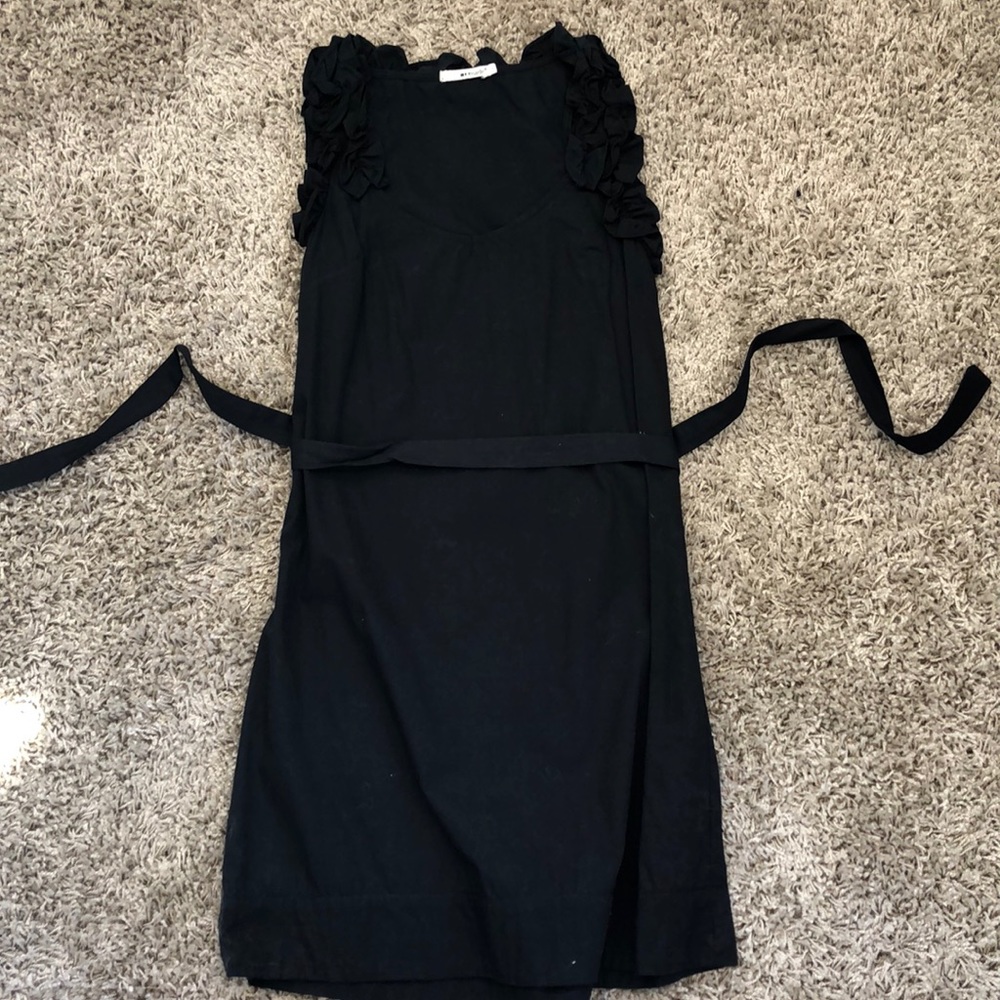 Black dress with tie waist and ruffle top detail